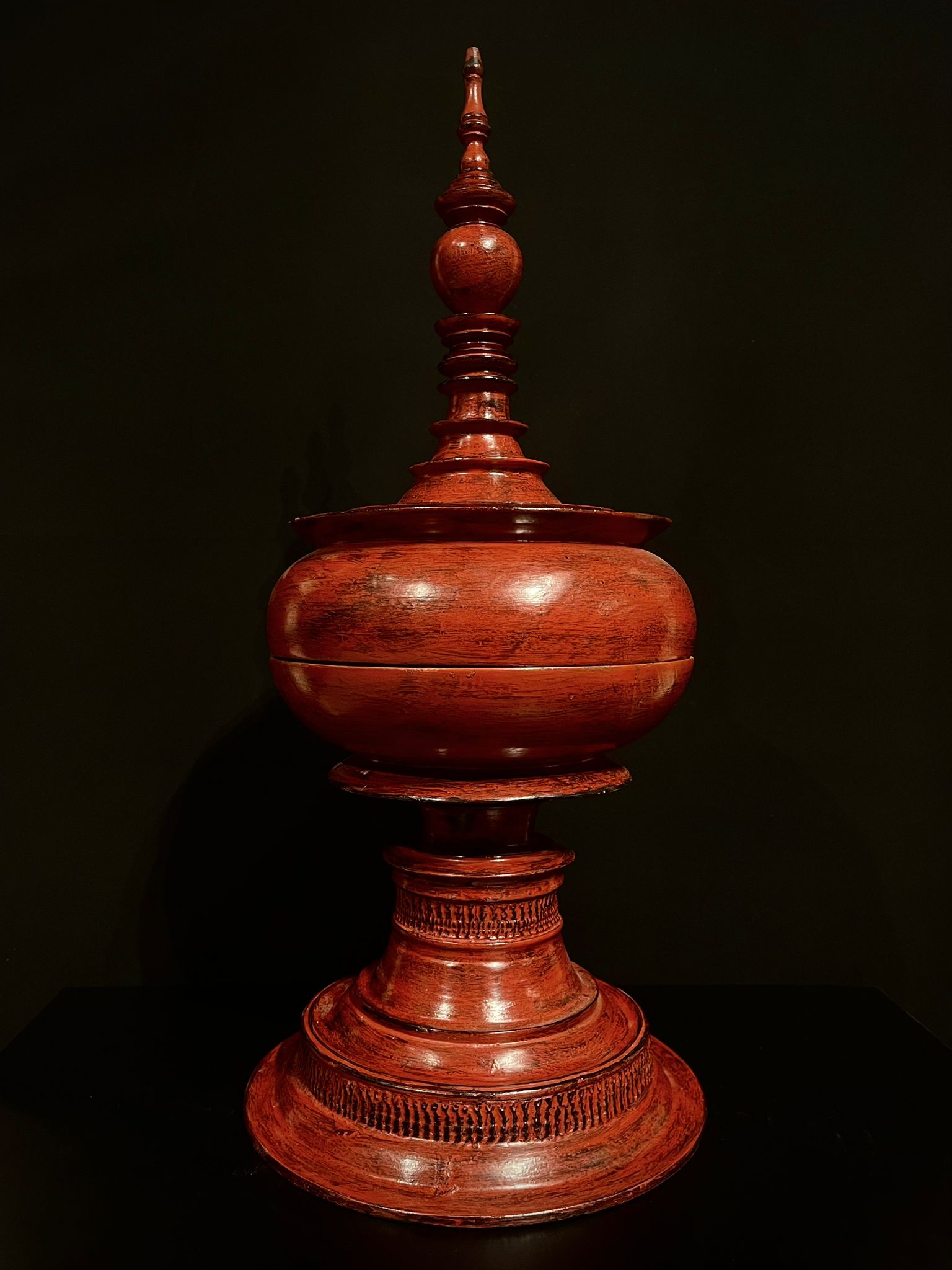 Beautiful red lacquered wood Buddhist traditional food offering vessel- Lac2410